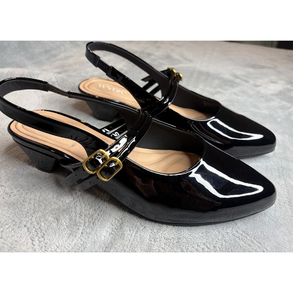 WYDR Studios Aria Double Strap Pointy Toe Mary Jane Slingback Black Patent 9WW - Picture 6 of 8